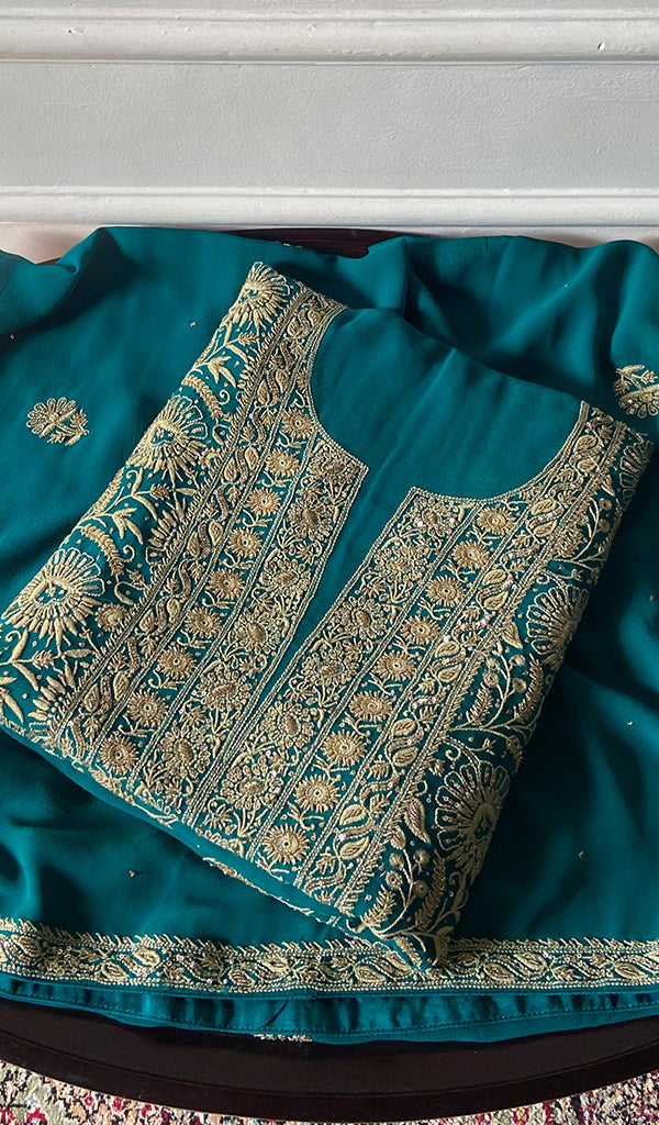 Women's Lakhnavi Handcrafted Pure Silk Georgette Chikankari Kurta And Dupatta Set - HONC0346865