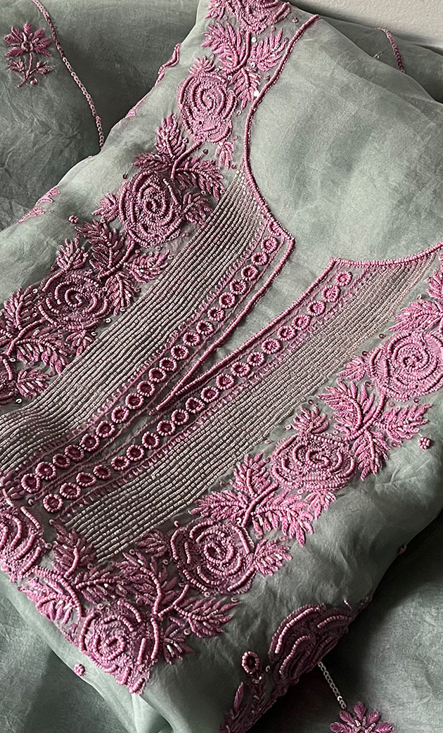 Gulaab Women's Lakhnavi Handcrafted Pure Organza Chikankari Unstitched Kurta And Dupatta Set - HONC0311847