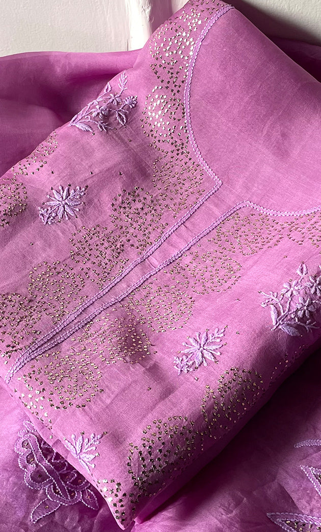 Women's Lakhnavi Handcrafted Pure Organza Chikankari Unstitched Kurta And Dupatta Set- HONC0304147