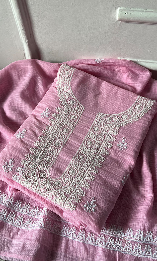 Women's Lucknowi Handcrafted Kota Cotton Chikankari Unstitched Kurta And Dupatta Set - HONC0325526