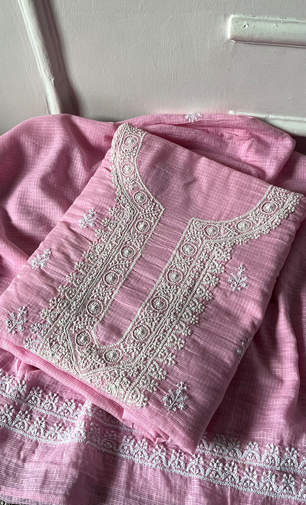 Women's Lucknowi Handcrafted Kota Cotton Chikankari Unstitched Kurta And Dupatta Set - HONC0325526