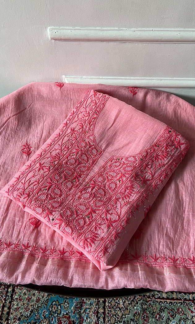 Women's Lakhnavi Handcrafted Mul Chanderi Unstitched Chikankari Full Suit Material - HONC0324503