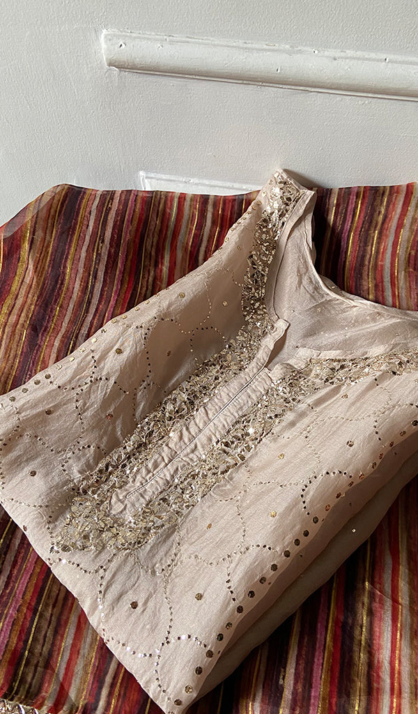 Women's Lucknowi Handcrafted Pure Organza Silk Chikankari Semi- stitched Kurta Dupatta Set- HONC0334809