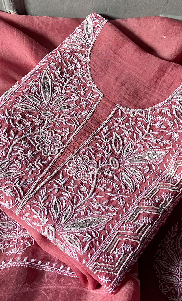 Women's Lakhnavi Handcrafted Pure Organza Chikankari Unstitched Kurta And Dupatta Set- HONC0309611