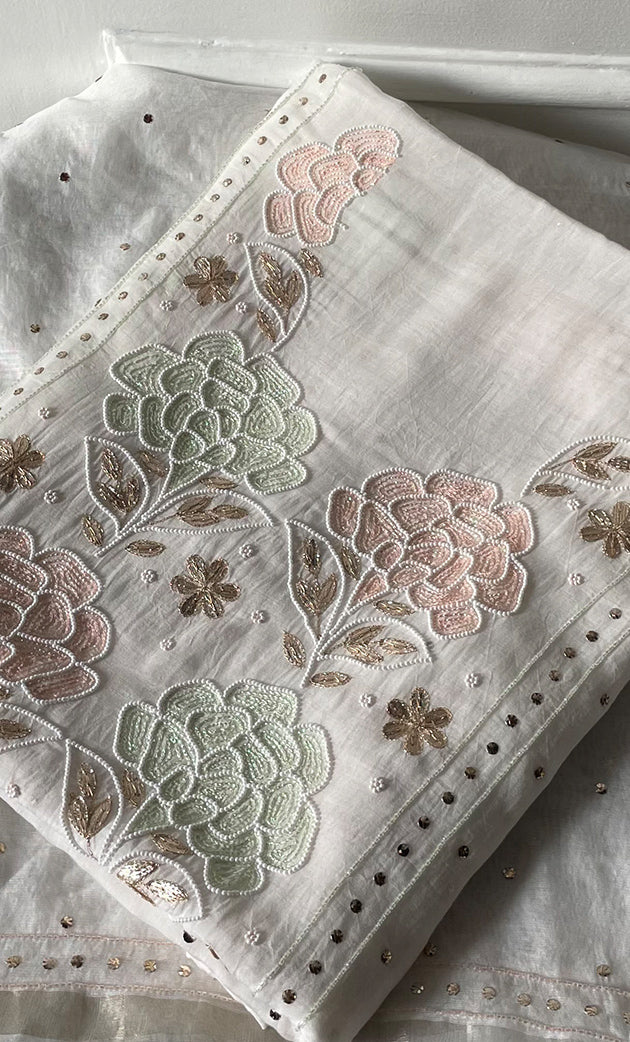 Women's Lakhnavi Handcrafted Unstitched Mul Chanderi Kurta And Dupatta Set - HONC0311960