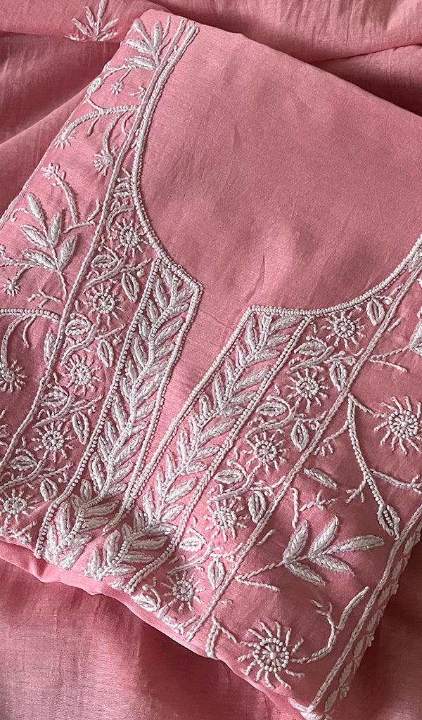 Women's Lakhnavi Handcrafted Mul Chanderi Chikankari Full Suit Material - HONC0256279