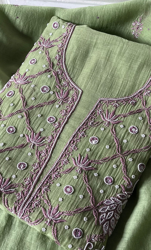 Firdauz Women's Lakhnavi Handcrafted Mul Chanderi Unstitched Kurta And Dupatta Set - HONC0302267