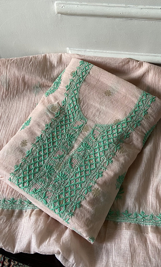 Women's Lakhnavi Handcrafted Mul Chanderi Unstitched Chikankari Full Suit Material - HONC0316863