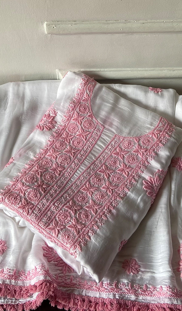 Women's Lakhnavi Handcrafted Modal Cotton Unstitched Chikankari Kurta Dupatta Set - HONC0334626