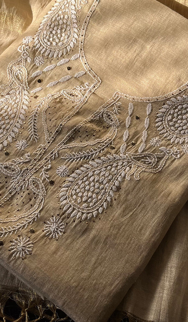 Women's Lakhnavi Handcrafted Tissue Chanderi Unstitched Kurta And Dupatta Set - HONC0282349
