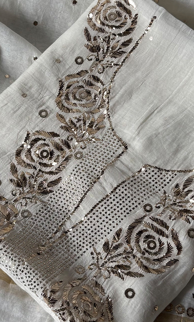 Women's Lakhnavi Handcrafted Unstitched Mul Chanderi Kurta And Dupatta Set - HONC0322428