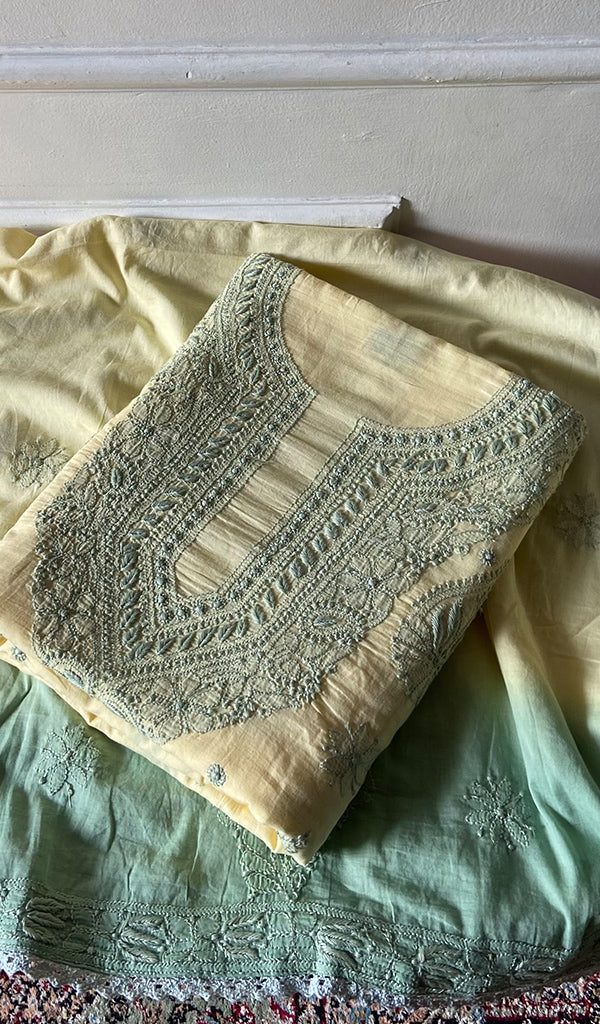 Women's Lakhnavi Handcrafted Cotton Unstitched Chikankari Kurta Dupatta Set - HONC0358180