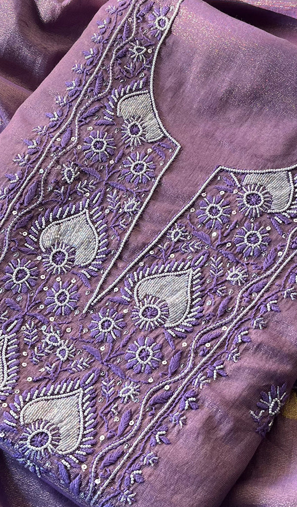 Women's Lakhnavi Handcrafted Tissue Chanderi Chikankari Suit Material - HONC0275991
