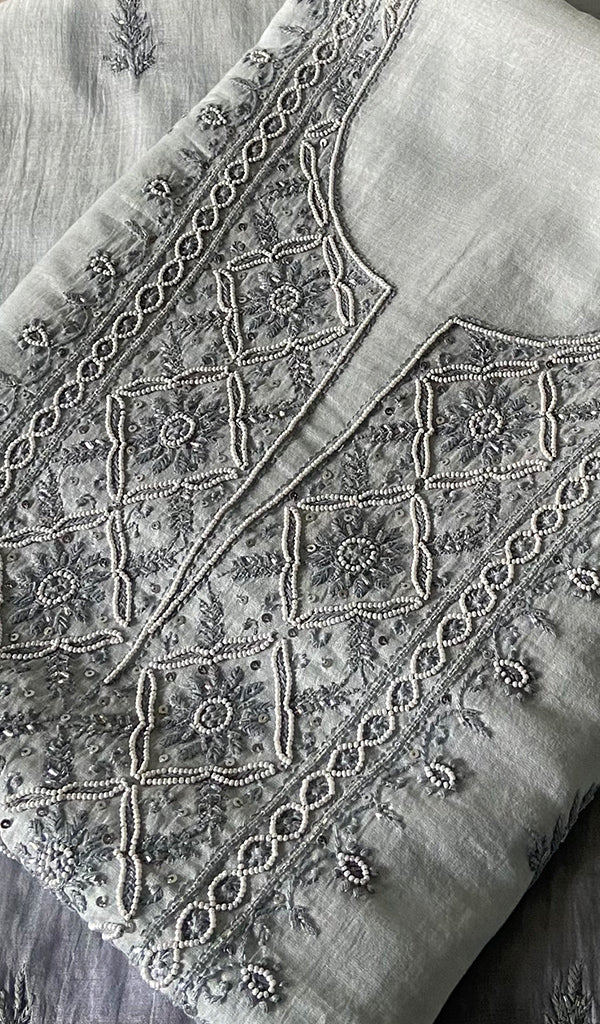 Women's Lakhnavi Handcrafted Mul Chanderi Unstitched Chikankari Full Suit Material - HONC0295747