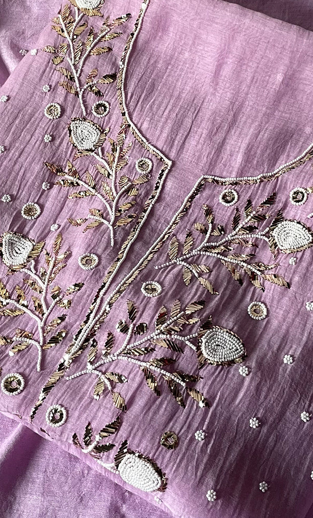 Women's Lakhnavi Handcrafted Mul Chanderi Unstitched Chikankari Full Suit Material - HONC0311945