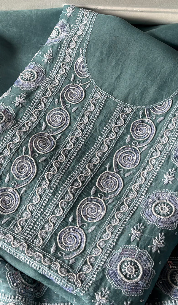 Women's Lakhnavi Handcrafted Pure Organza Chikankari Unstitched Kurta And Dupatta Set- HONC0339019