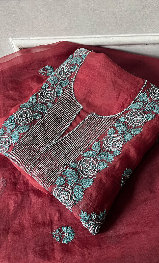 Gulaab Women's Lakhnavi Handcrafted Pure Organza Chikankari Unstitched Kurta And Dupatta Set- HONC0288593