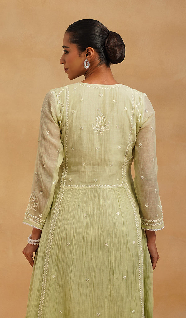 Women's Lakhnavi Handcrafted Mul Chanderi Chikankari Stitched Kurta, Dupatta And Pant Set - HONC0520644