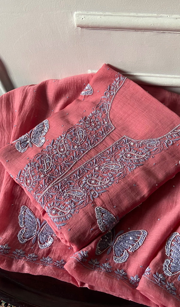 Titlee Women's Lakhnavi Handcrafted Mul Chanderi Unstitched Chikankari Full Suit Material - HONC0312077