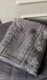Load image into Gallery viewer, Women's Lakhnavi Handcrafted Pure Organza Chikankari Unstitched Kurta And Dupatta Set- HONC0335082