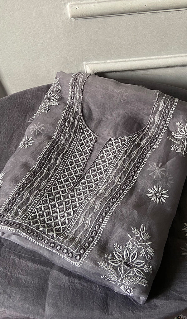 Women's Lakhnavi Handcrafted Pure Organza Chikankari Unstitched Kurta And Dupatta Set- HONC0335082