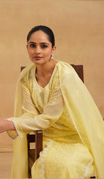 将图像加载到图库查看器中， Saziya Women's Lakhnavi Handcrafted Mul Chanderi Chikankari Stitched Kurta, Dupatta And Pant Set - HONC0798462