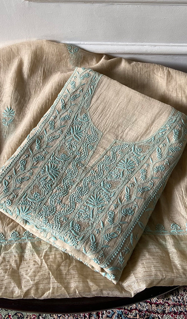 Women's Lakhnavi Handcrafted Mul Chanderi Unstitched Chikankari Full Suit - HONC0334733