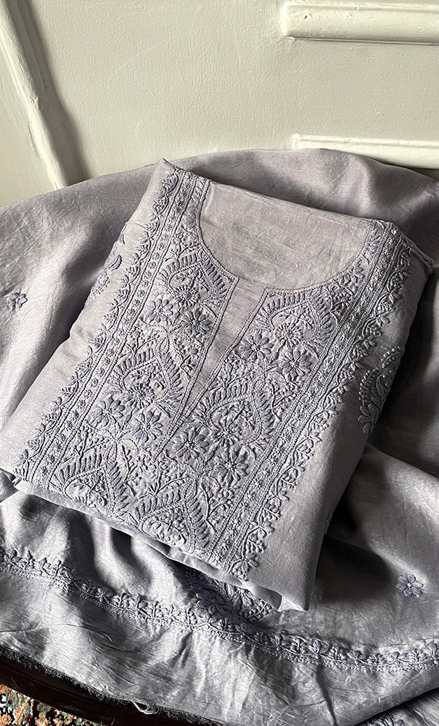 Women's Lucknowi Handcrafted Chanderi Silk Chikankari Full Suit Material - HONC0322745