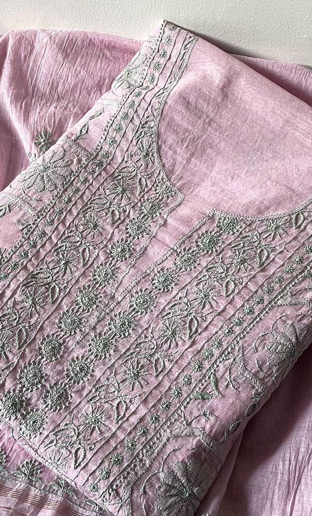 Women's Lakhnavi Handcrafted Mul Chanderi Unstitched Chikankari Full Suit Material - HONC0319506