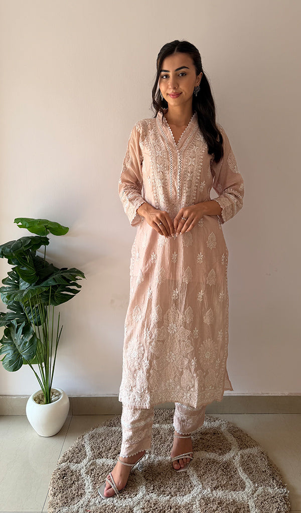 Ziva Women's Lucknowi Handcrafted Mul Chanderi Stitched Chikankari Kurta And Plazzo Set- HONC03788220