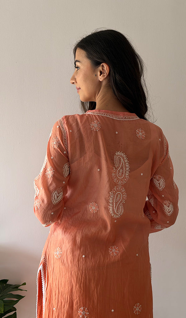 Women's Lucknowi Handcrafted Mul Chanderi Stitched Chikankari Kurta And Plazzo Set- HONC0379063