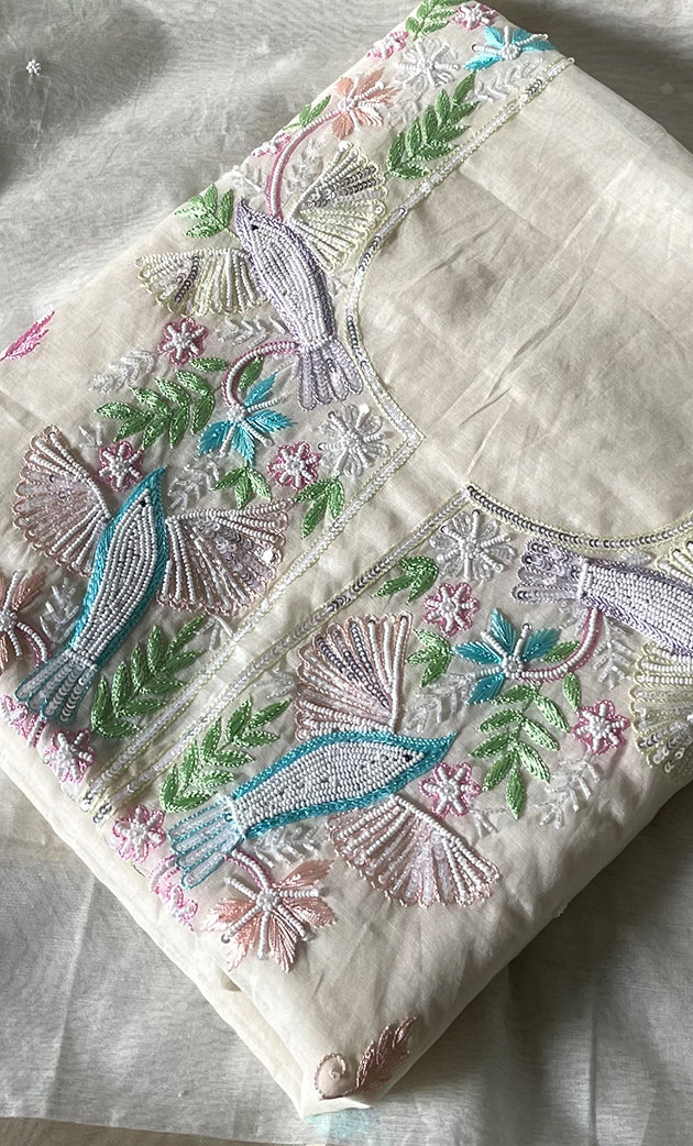 Chidiya Women's Lakhnavi Handcrafted Unstitched Mul Chanderi Kurta And Dupatta Set - HONC0323684