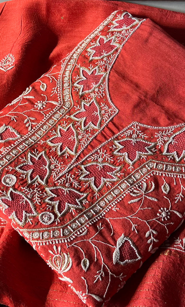 Women's Lakhnavi Handcrafted Munga Silk Chikankari Kurta And Dupatta Set- HONC0278881