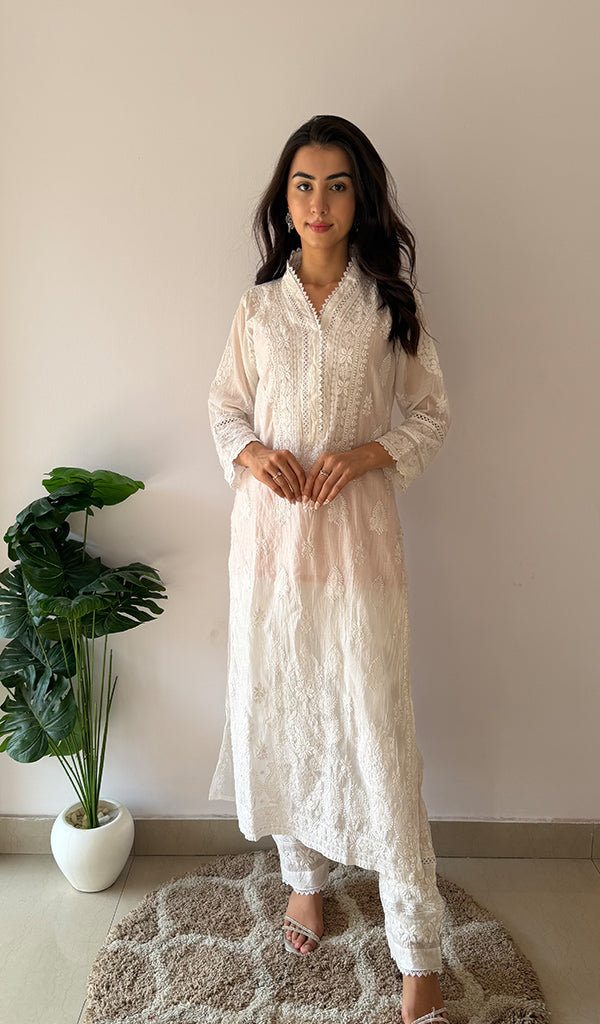 Ziva Women's Lucknowi Handcrafted Mul Chanderi Stitched Chikankari Kurta And Plazzo Set- HONC0378810