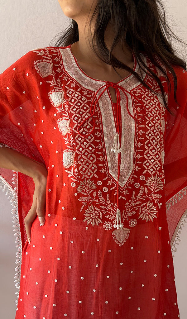 Pragya Women's Lucknowi Handcrafted Mul chanderi Chikankari Kaftan - HONC0459878