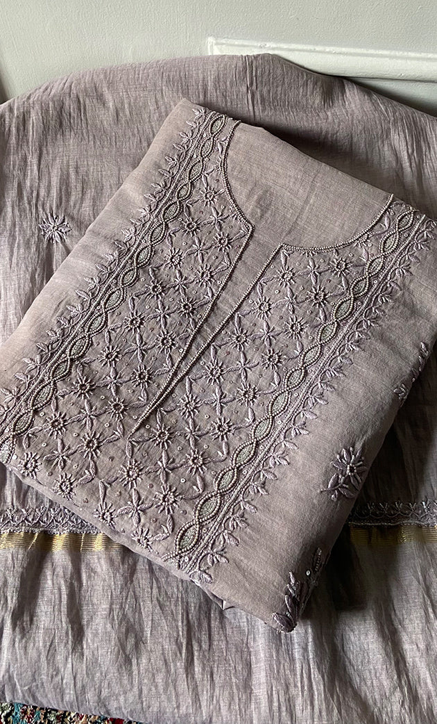 Women's Lakhnavi Handcrafted Mul Chanderi Unstitched Chikankari Full Suit Material - HONC0328112