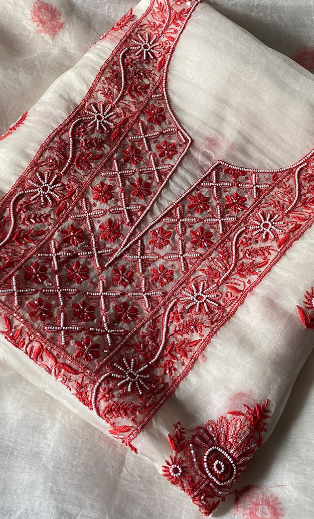 Women's Lakhnavi Handcrafted Pure Organza Chikankari Unstitched Kurta And Dupatta Set- HONC0310179