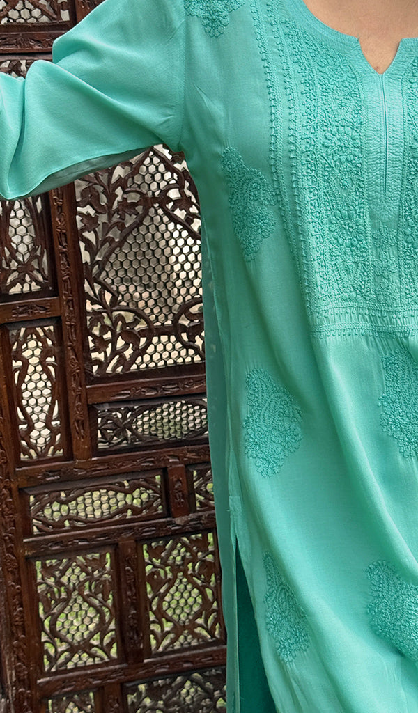Women's Lakhnavi Handcrafted Modal Cotton Chikankari Kurta Dupatta And Palazzo Set - HONC0247742