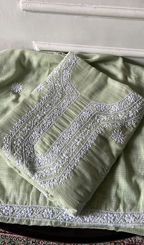 Women's Lucknowi Handcrafted Kota Cotton Chikankari Unstitched Angrakha And Dupatta Set - HONC0340098