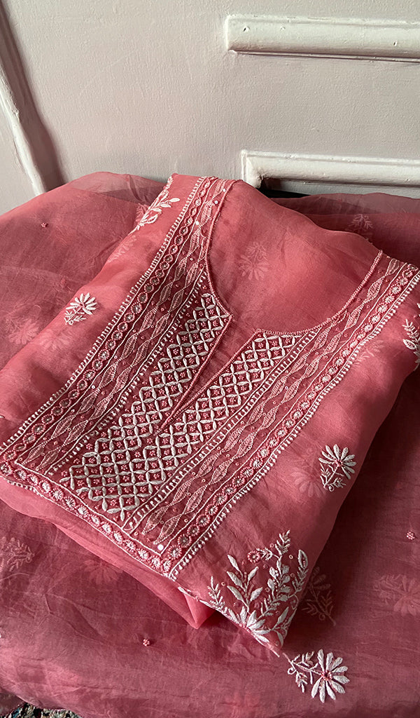 Women's Lakhnavi Handcrafted Pure Organza Chikankari Unstitched Kurta And Dupatta Set- HONC0335079