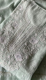 Load image into Gallery viewer, Basma Women's Lucknowi Handcrafted Mul Chanderi Semi - stitched Chikankari Anarkali Full Set - HONC0355636