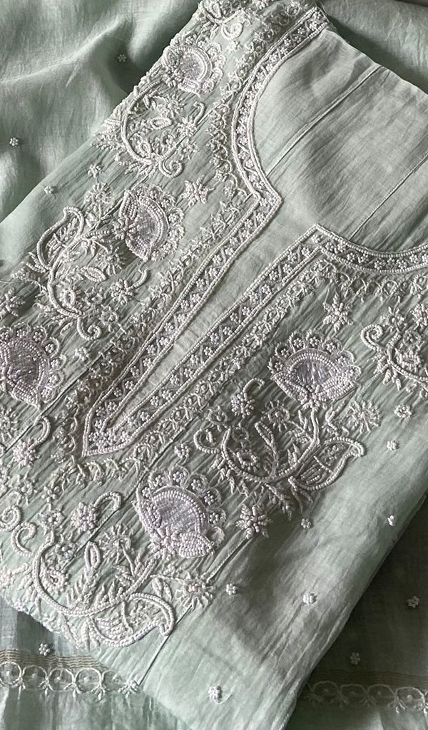 Basma Women's Lucknowi Handcrafted Mul Chanderi Semi - stitched Chikankari Anarkali Full Set - HONC0355636