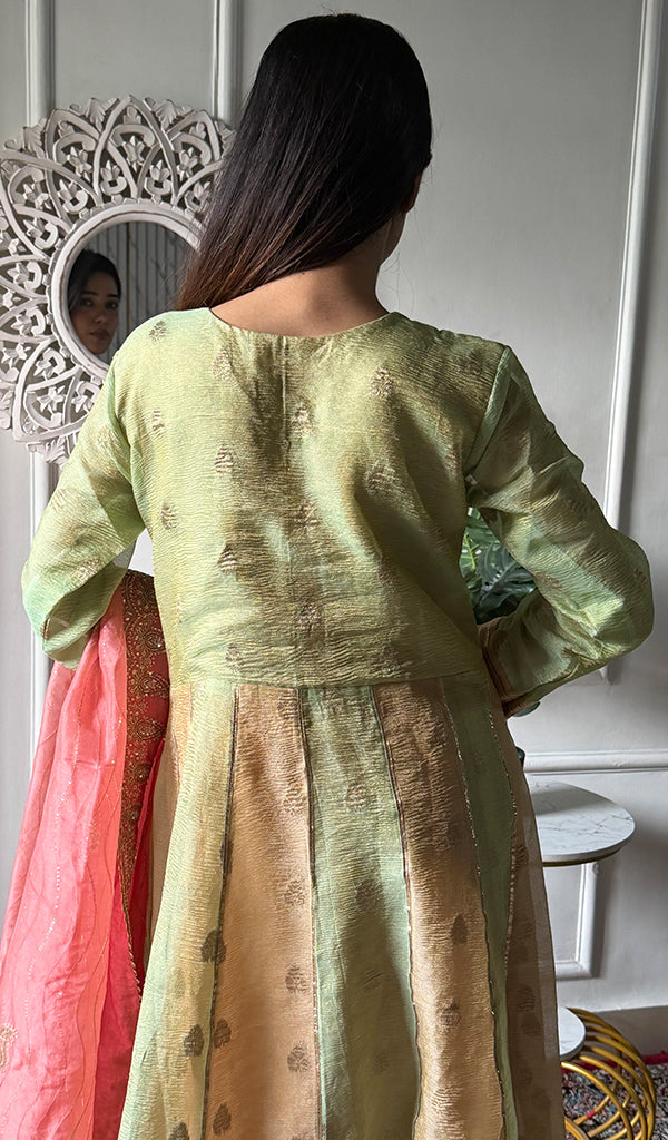 Women's Lakhnavi Handcrafted Tissue Chanderi Silk  Chikankari Stitched Anarkali , Dupatta And Pant Set - HONC0340595