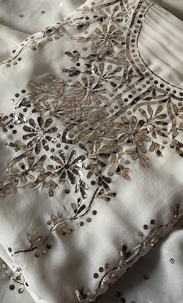 Women's Lakhnavi Handcrafted Pure Silk Georgette Chikankari Kurta And Dupatta Set- HONC0309588