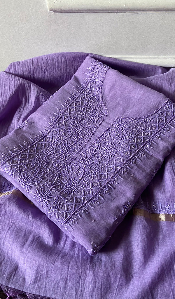 Women's Lakhnavi Handcrafted Mul Chanderi Unstitched Chikankari Full Suit Material - HONC0328125