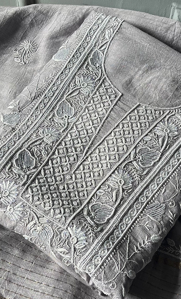 Women's Lakhnavi Handcrafted Munga Silk Chikankari Kurta And Dupatta Set- HONC0280262