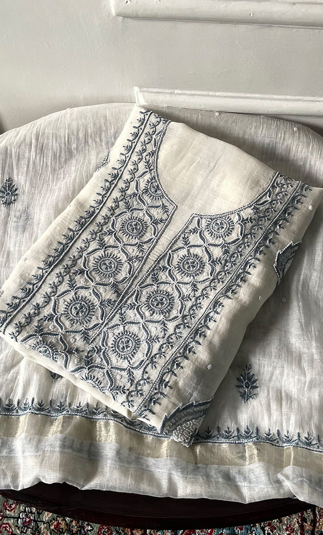 Women's Lakhnavi Handcrafted Unstitched Mul Chanderi Kurta And Dupatta Set - HONC03274830