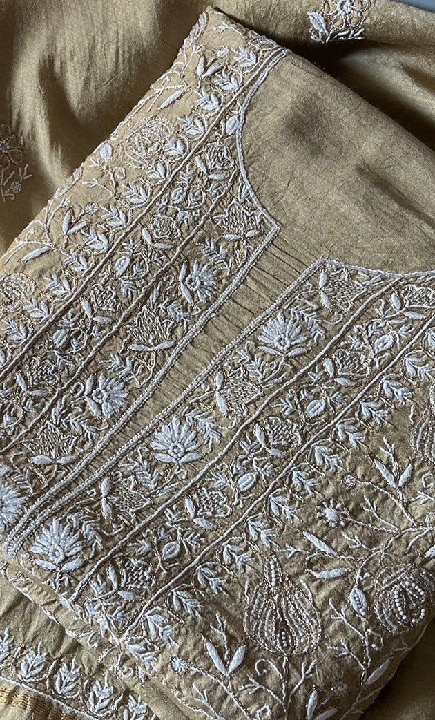Women's Lakhnavi Handcrafted Munga Silk Unstitched Chikankari Kurta And Dupatta Set- HONC0282389