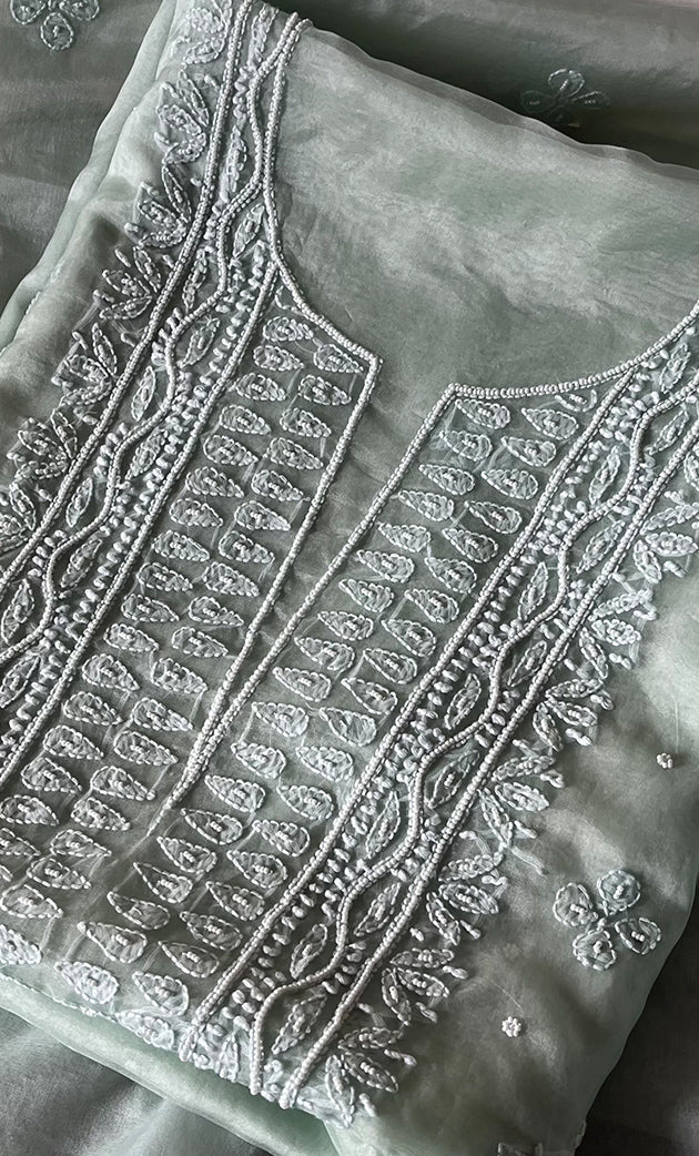 Women's Lakhnavi Handcrafted Organza Chikankari Unstitched Full Suit Material - HONC0287038
