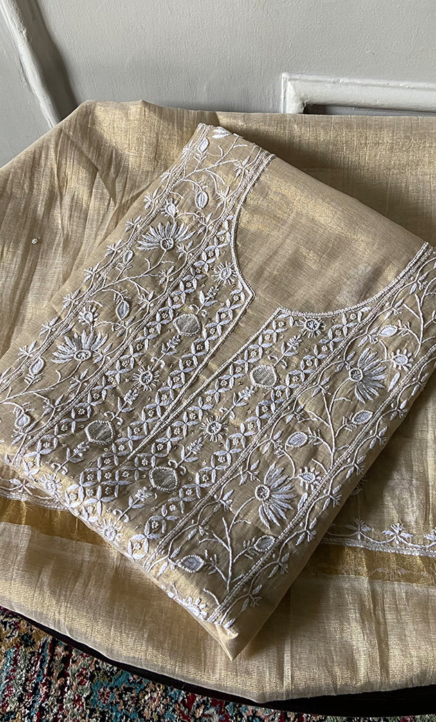 Women's Lakhnavi Handcrafted Tissue Chanderi Unstitched Chikankari Kurta And Dupatta Set - HONC0332073